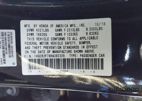 2017 Honda Accord Ex from USA, damaged, VIN 1HGCR2F78HA090329